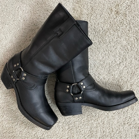 Men's Women's KAYA Black LEATHER Square Toe HARNESS w RING Moto BIKER BOOTS - Picture 6 of 9